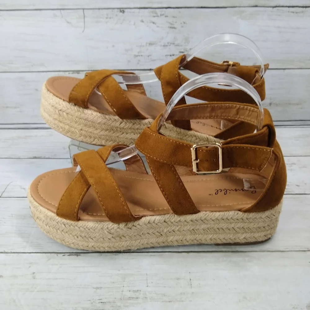Bonnibel Wmns 10 Brown Suede Leather Platform Espadrille Ankle Strap Sandals
